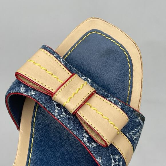 LOUIS VUITTOM Blue Monogram Denim Bow Platform Slide Mules, Size 37.5 US 7 - Picture 12 of 13